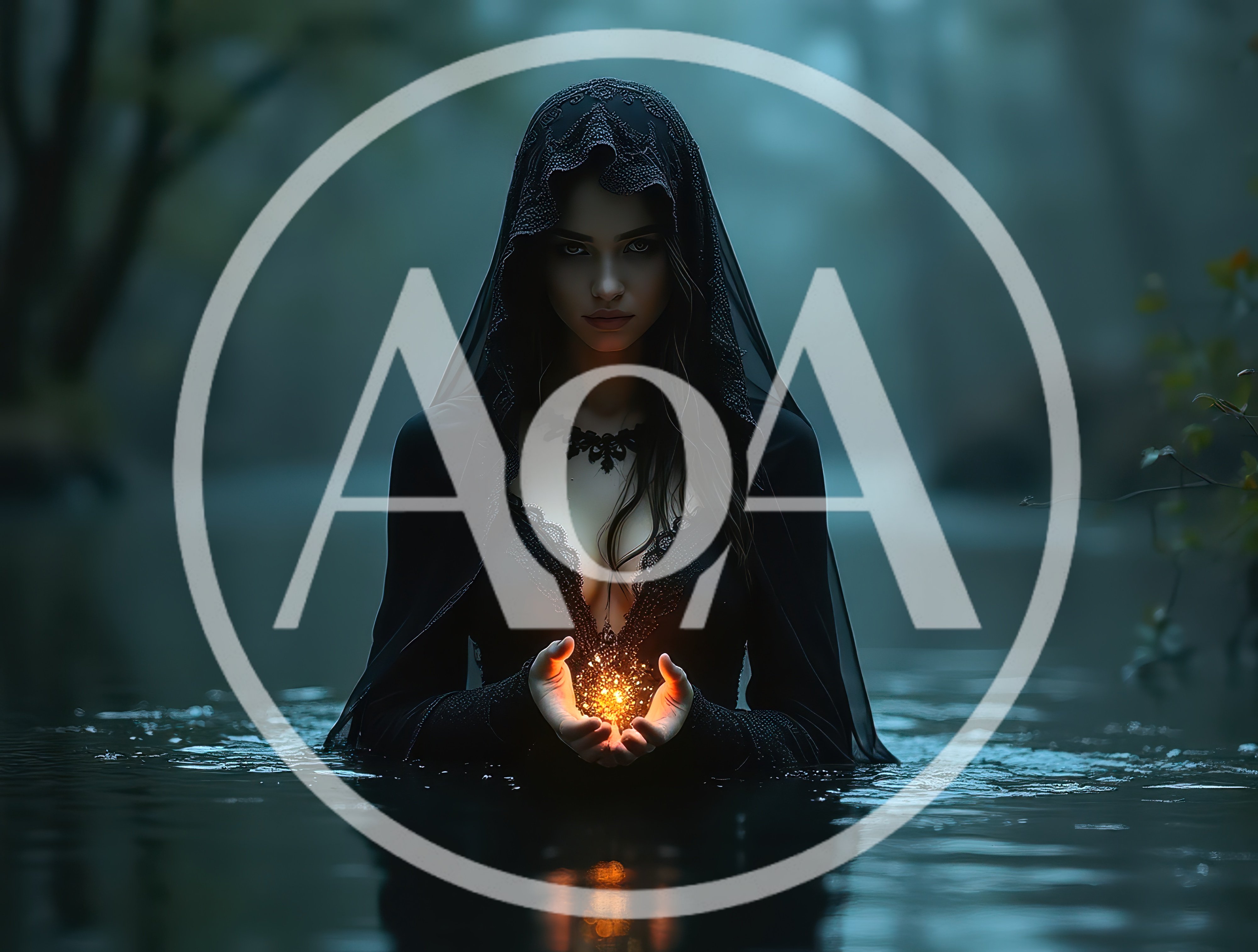 Mystical Woman Holding Glowing Light In Dark Water