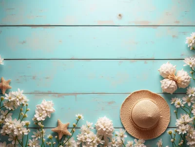 Summer Beach Flat Lay With Straw Hat And Flowers