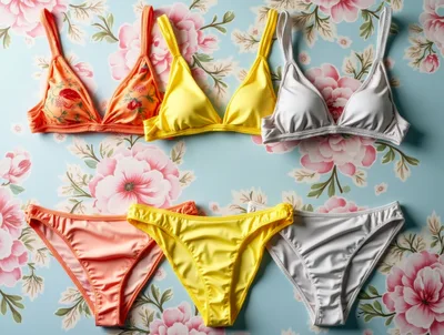 Three Colorful Bikini Sets on Floral Background
