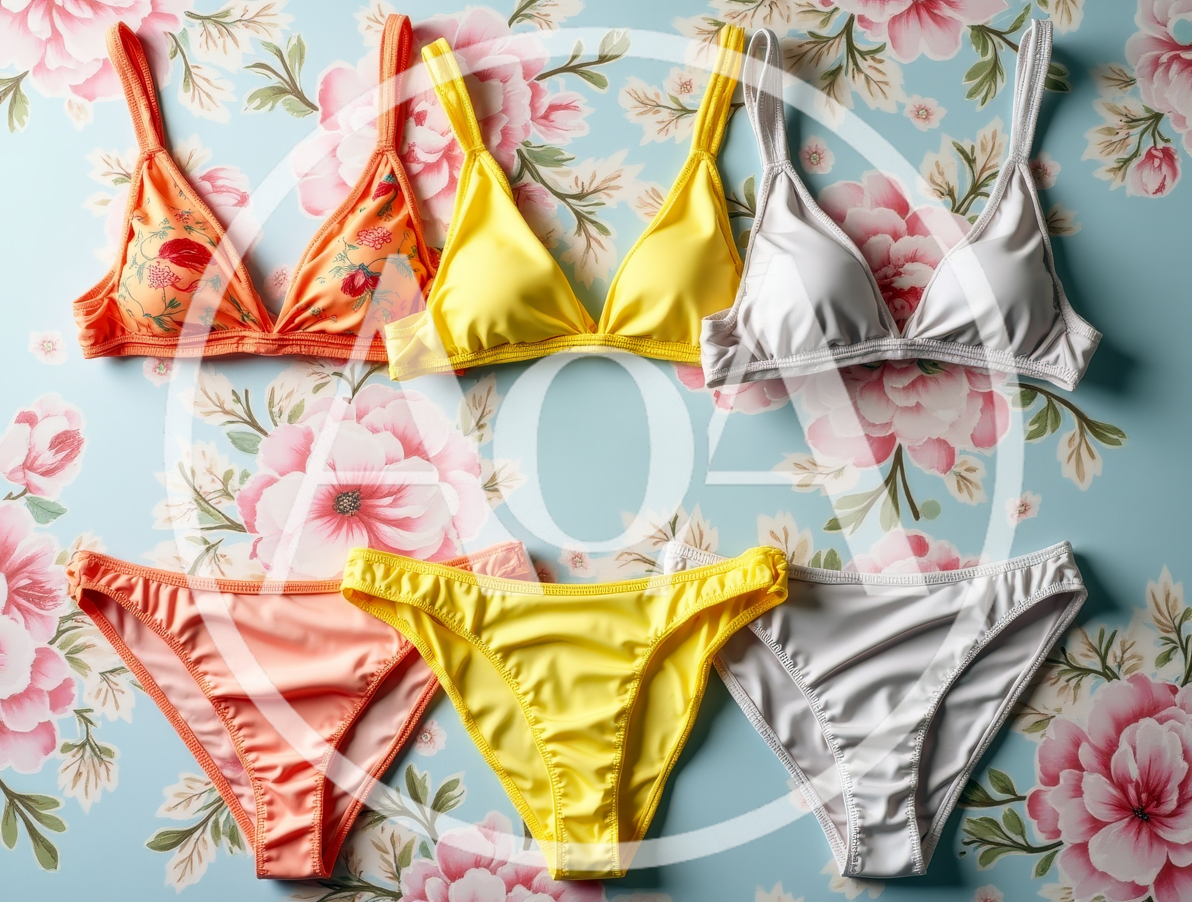 Three Colorful Bikini Sets on Floral Background