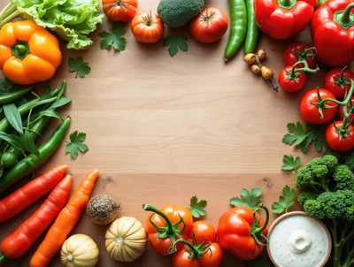 Fresh Vegetables Arranged On A Wooden Table