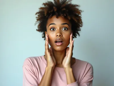 Surprised Young Woman With Curly Hair Touching Her Face