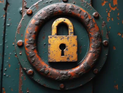 Rusty Padlock Mounted On Weathered Green Door