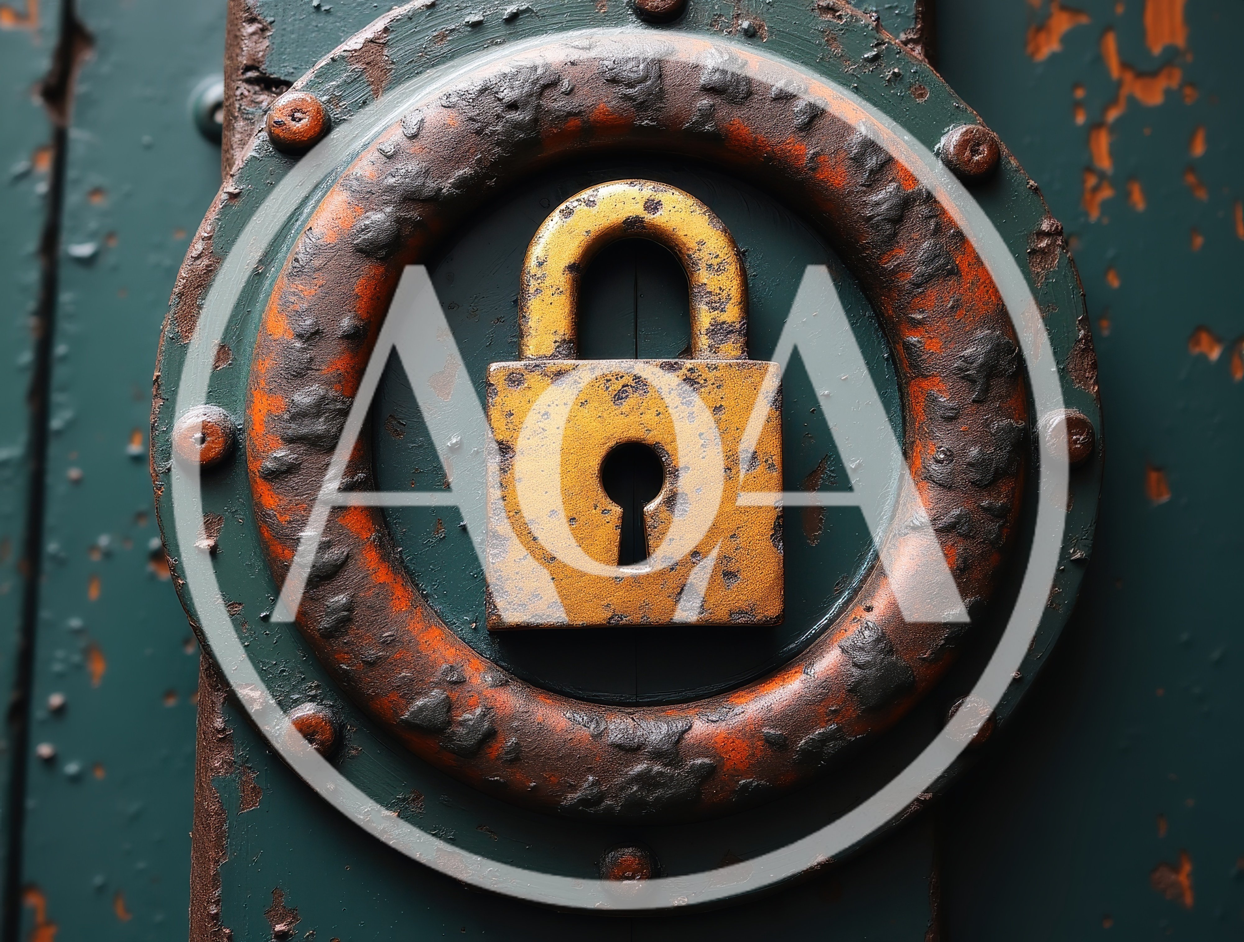 Rusty Padlock Mounted On Weathered Green Door