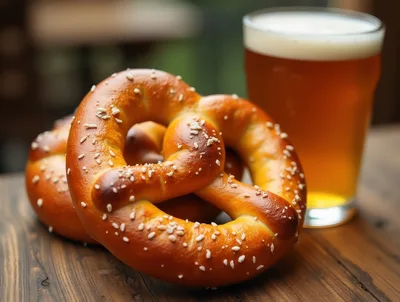 Soft Salted Pretzel With A Glass Of Beer