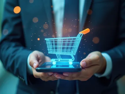 Businessman Holding Smartphone With Digital Shopping Cart Hologram