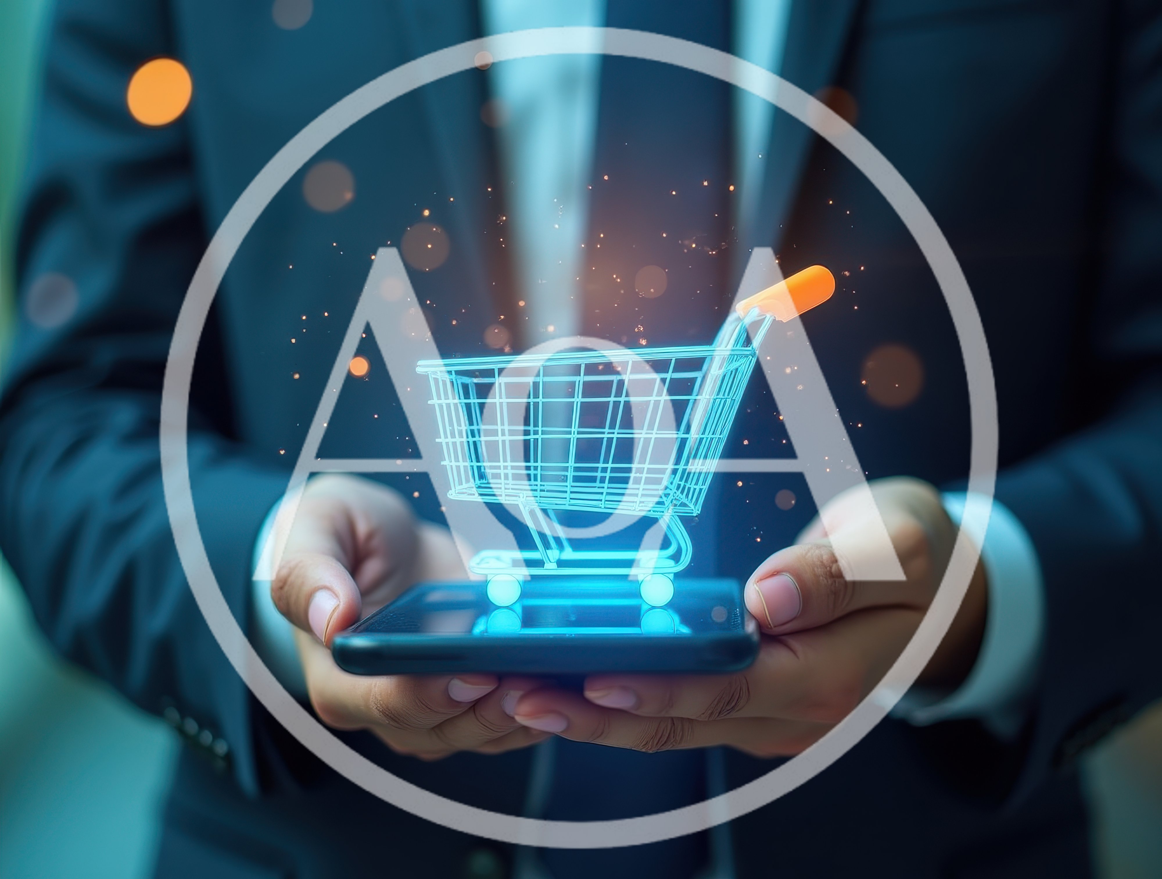 Businessman Holding Smartphone With Digital Shopping Cart Hologram