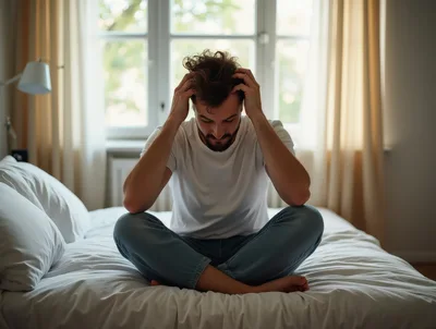 Stressed Man Sitting On Bed In Bedroom