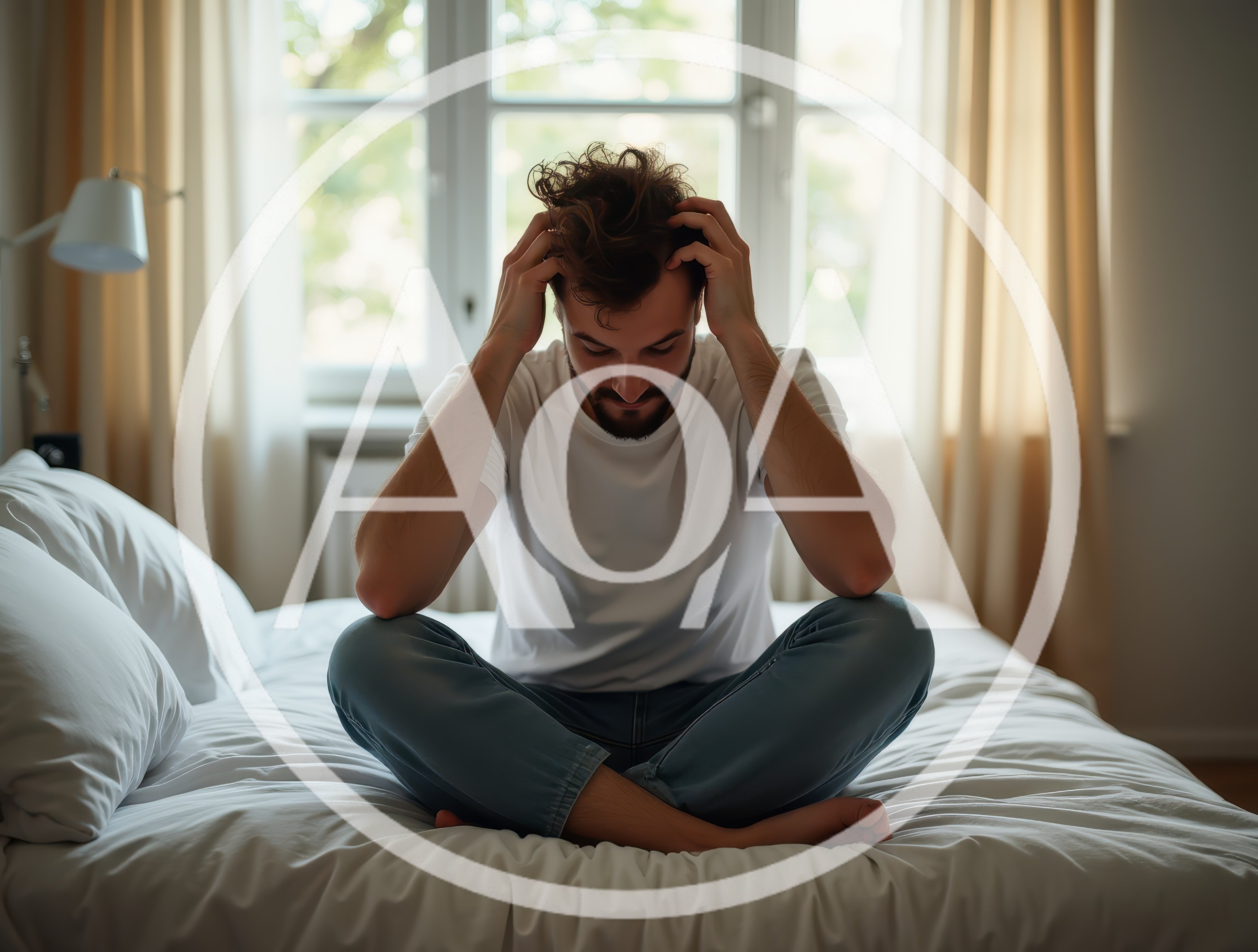Stressed Man Sitting On Bed In Bedroom