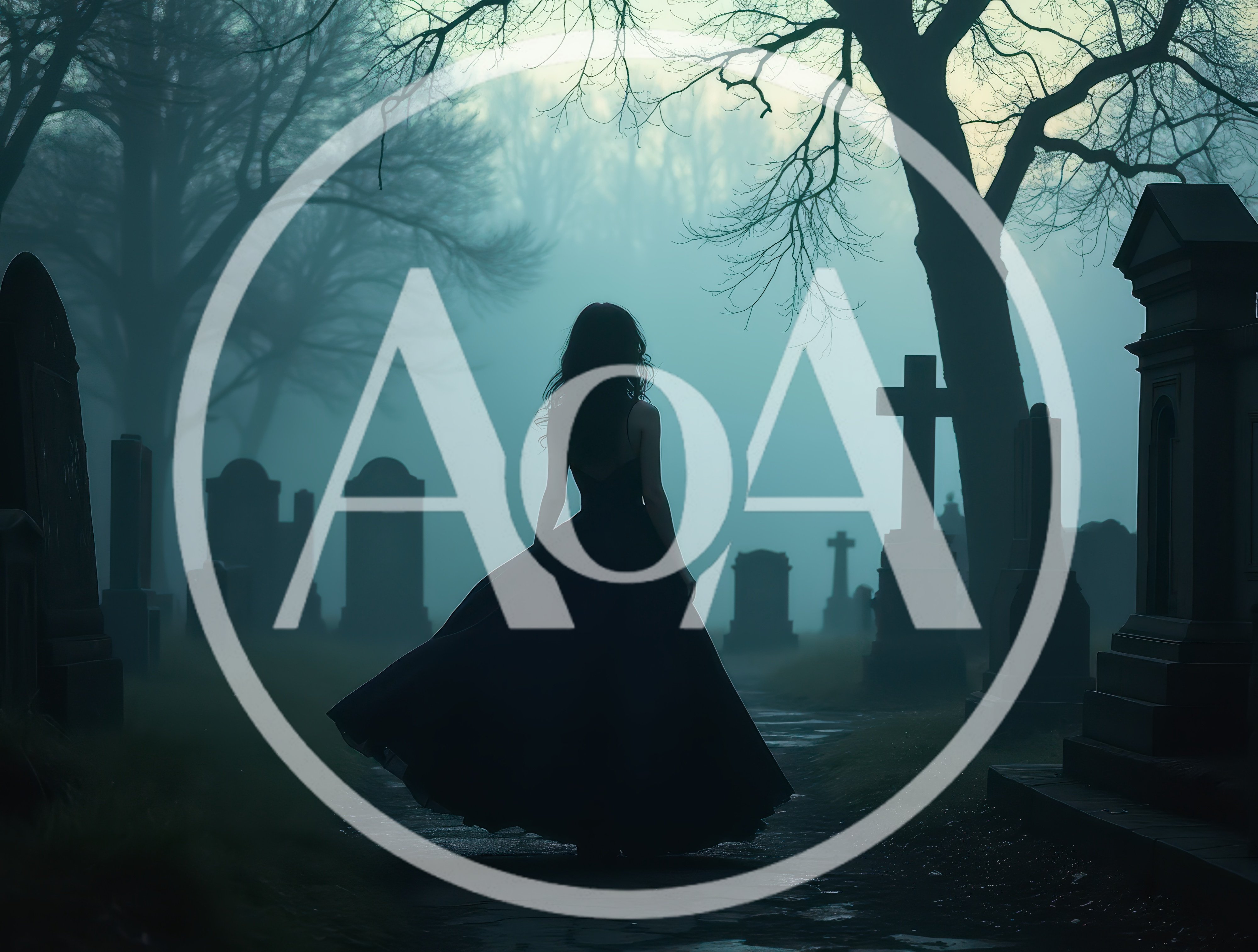 Woman in Black Dress Walking Through Foggy Cemetery