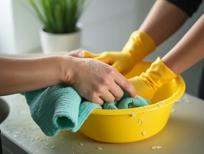 Person Washing A Teal Towel In A Yellow Basin