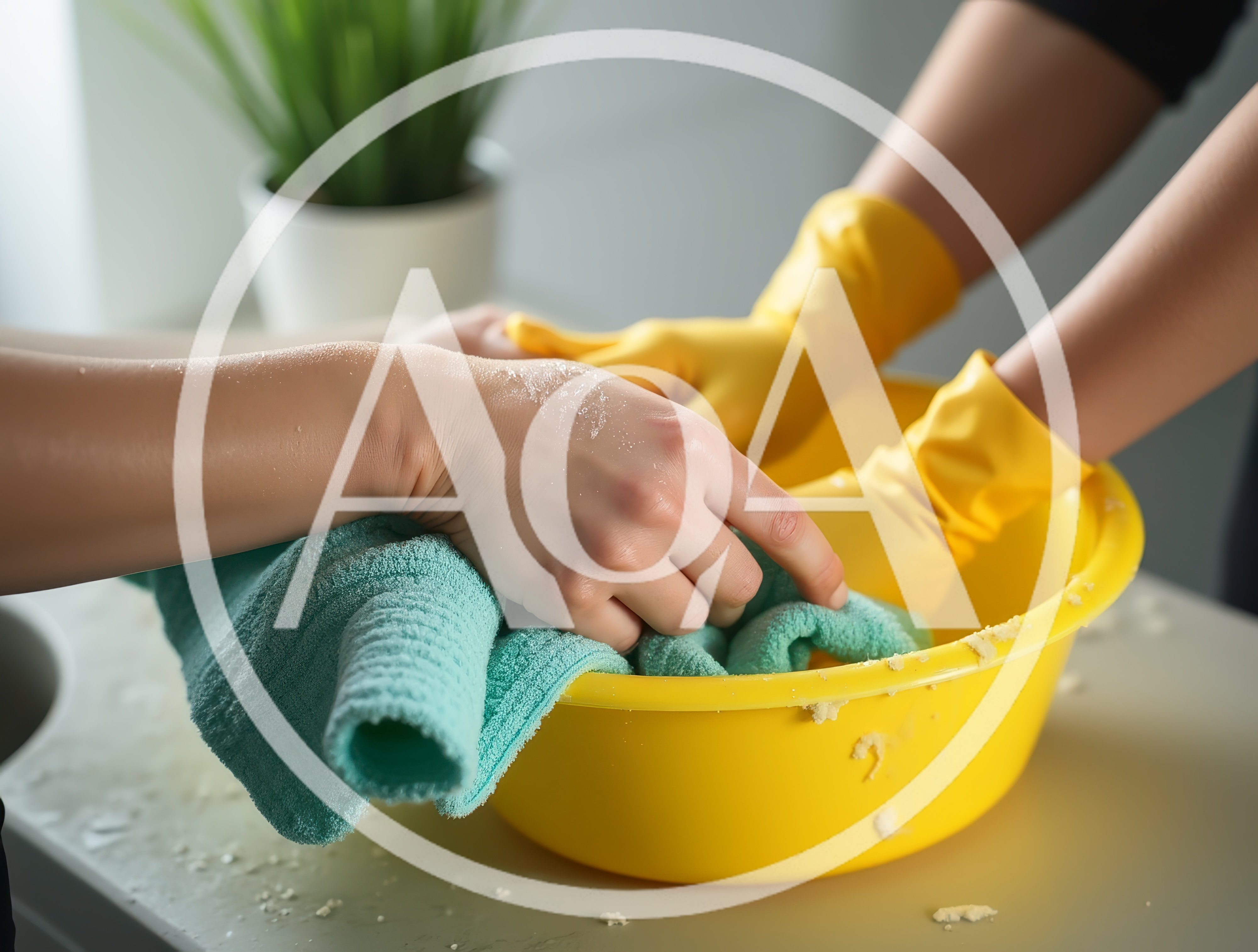 Person Washing A Teal Towel In A Yellow Basin