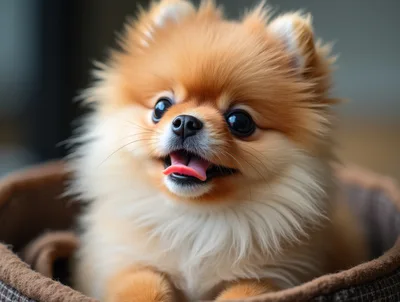 Adorable Pomeranian Puppy Sitting In A Soft Bed