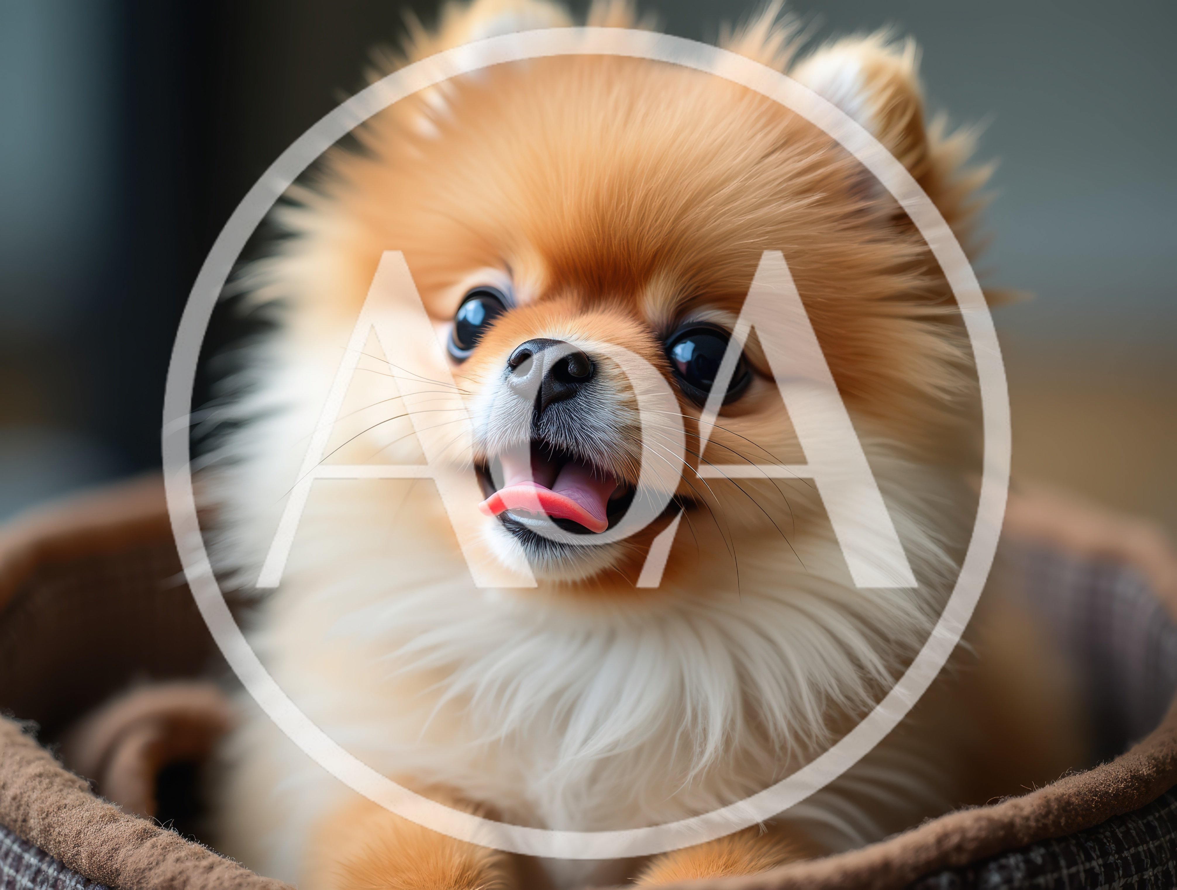 Adorable Pomeranian Puppy Sitting In A Soft Bed