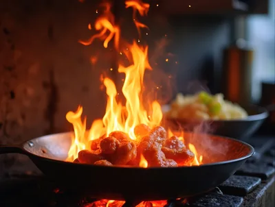 Flambé Cooking Chicken Wings In A Wok