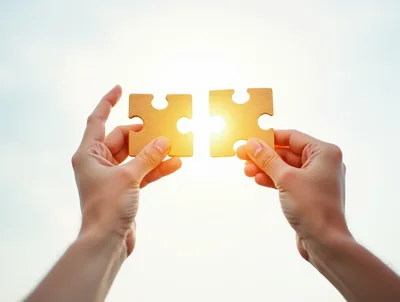 Hands Holding Two Puzzle Pieces Against Bright Sun