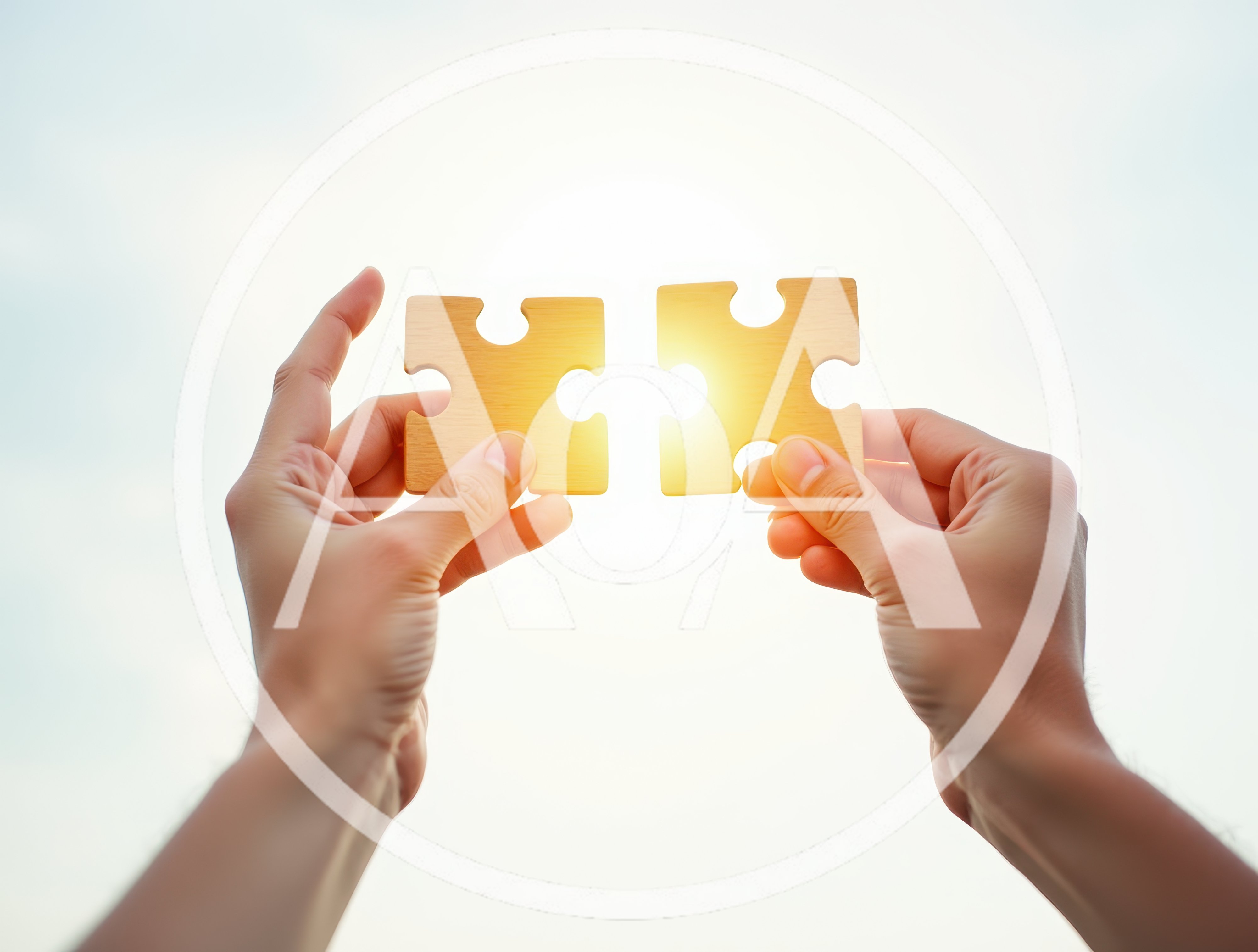 Hands Holding Two Puzzle Pieces Against Bright Sun