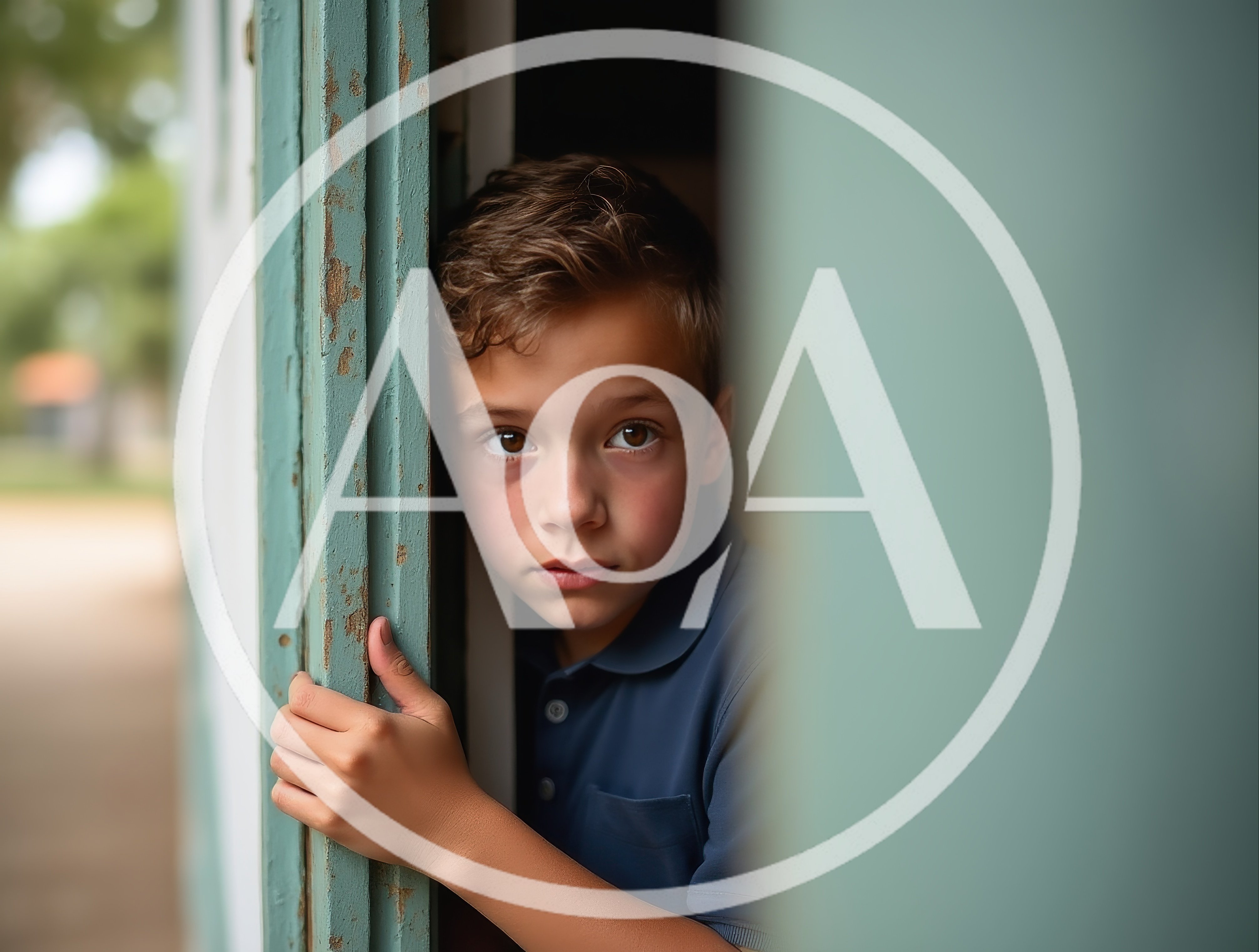 Young Boy Peeking Through A Doorway