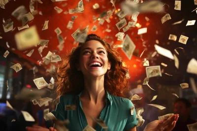 Excited Woman Celebrating Under Falling Money