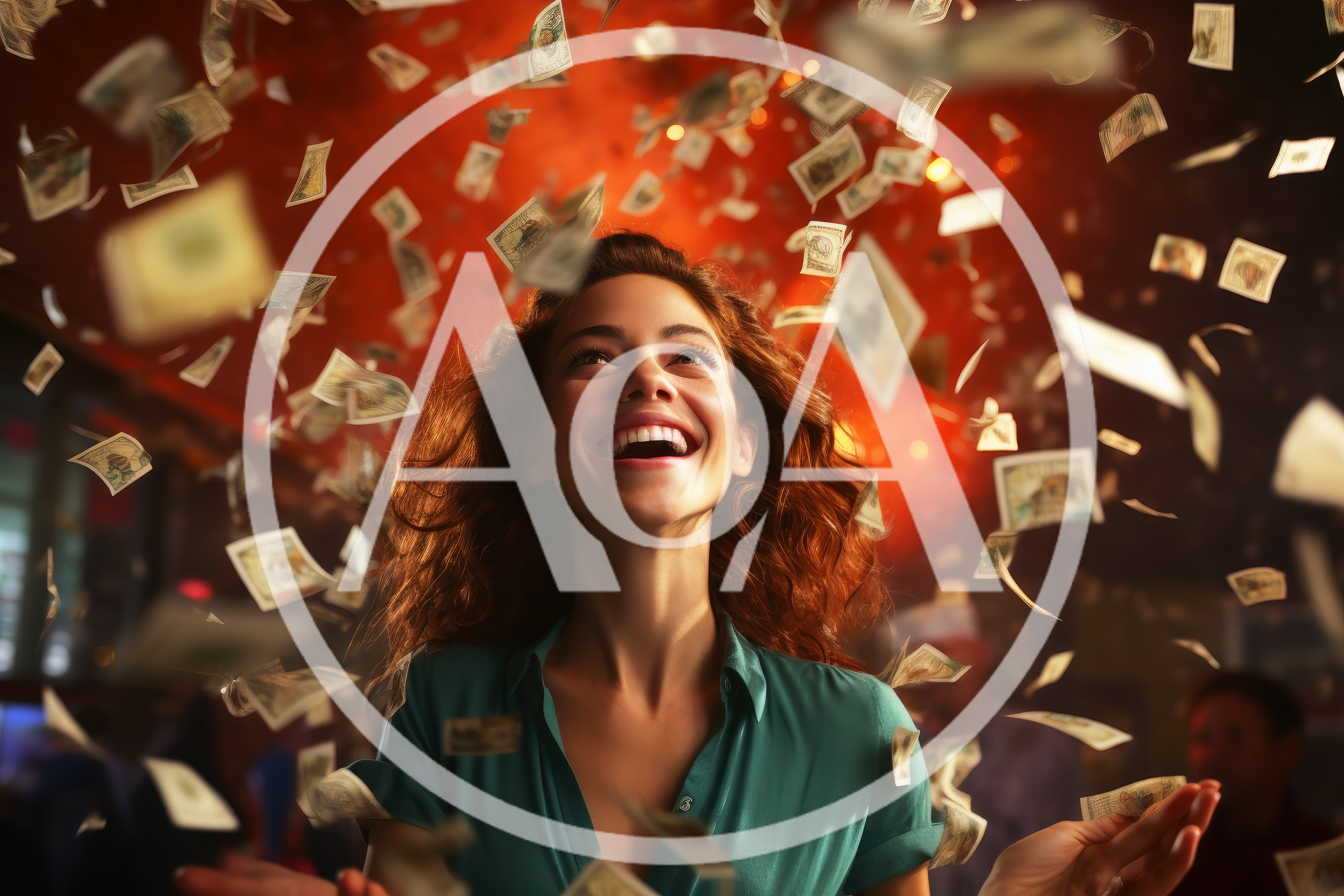 Excited Woman Celebrating Under Falling Money