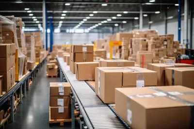 Cardboard Boxes Moving Along Warehouse Conveyor Belt