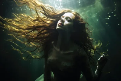 Ethereal Woman Floating Underwater With Flowing Hair