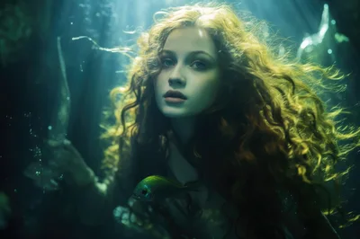 Ethereal Mermaid Swimming Underwater In Deep Ocean