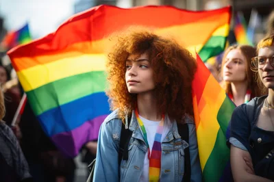 Young Woman With Curly Red Hair At Pride Parade