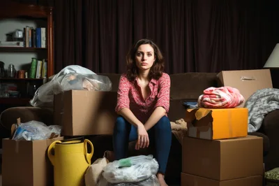 Stressed Woman Sitting On Sofa Surrounded By Moving Boxes