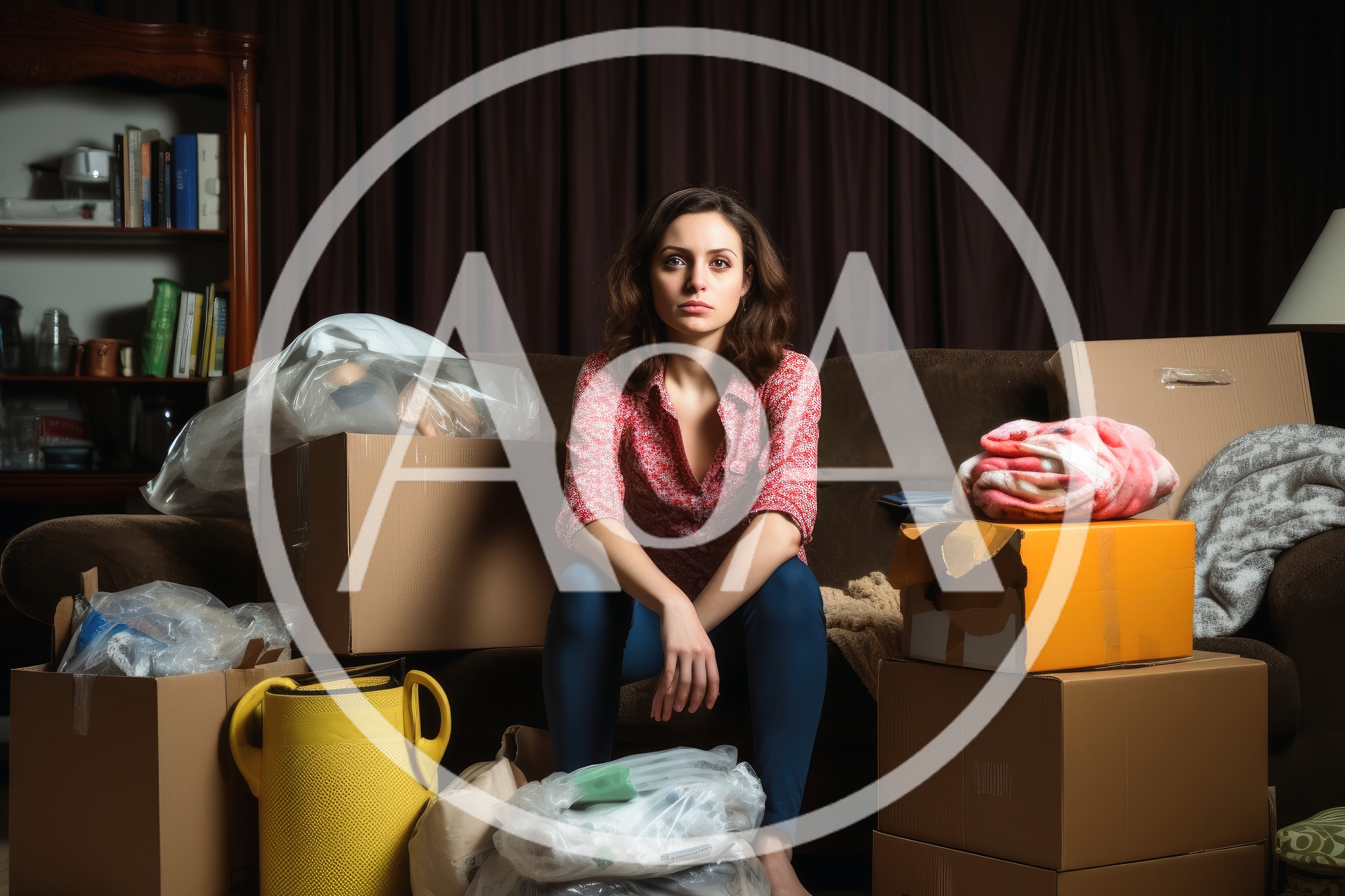 Stressed Woman Sitting On Sofa Surrounded By Moving Boxes