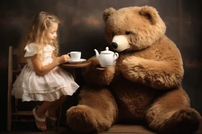 Little Girl Having Tea Party With Giant Teddy Bear