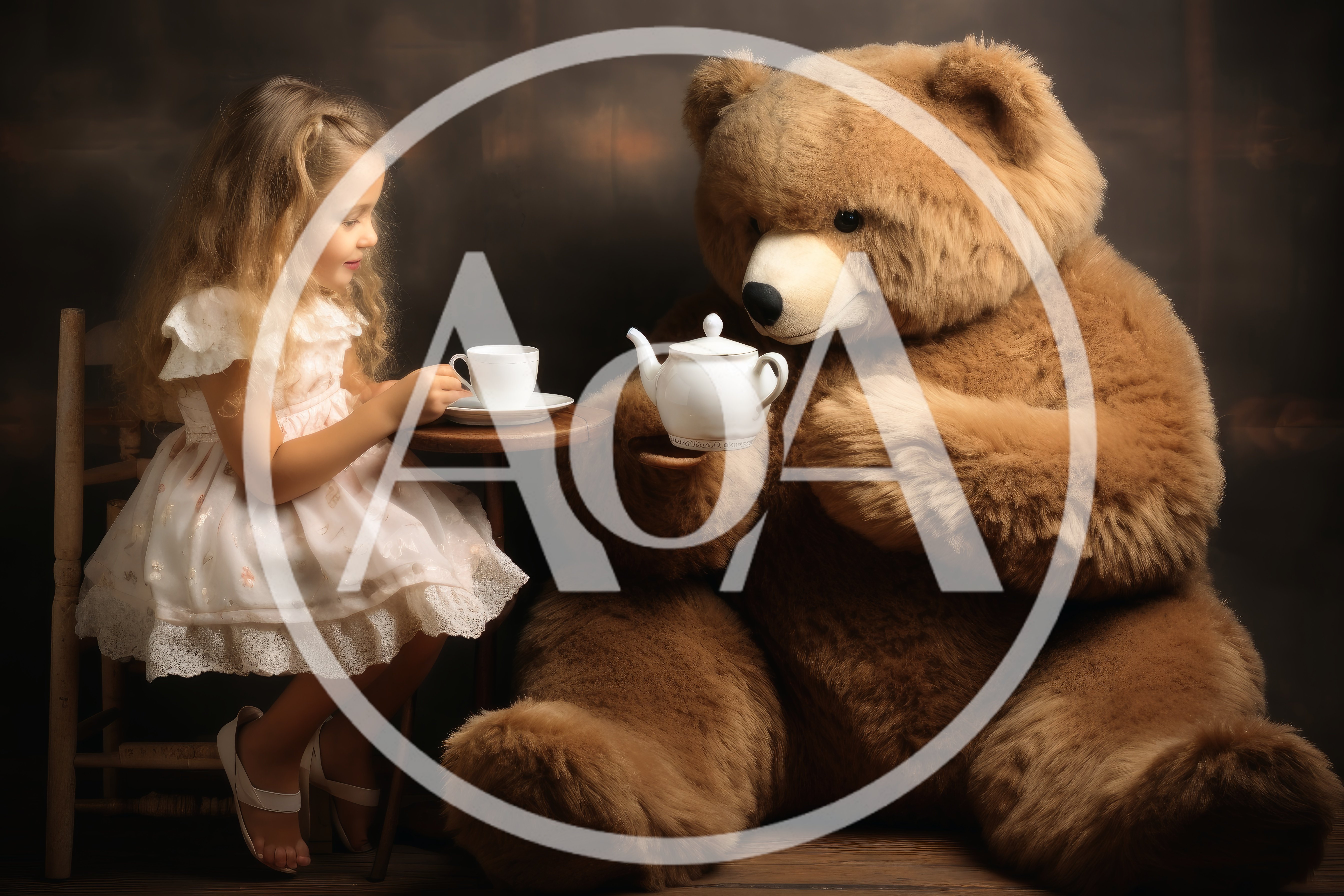 Little Girl Having Tea Party With Giant Teddy Bear