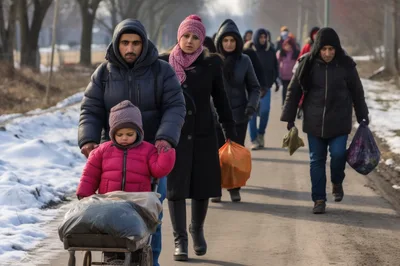 Refugee Family Walking Along A Snowy Road