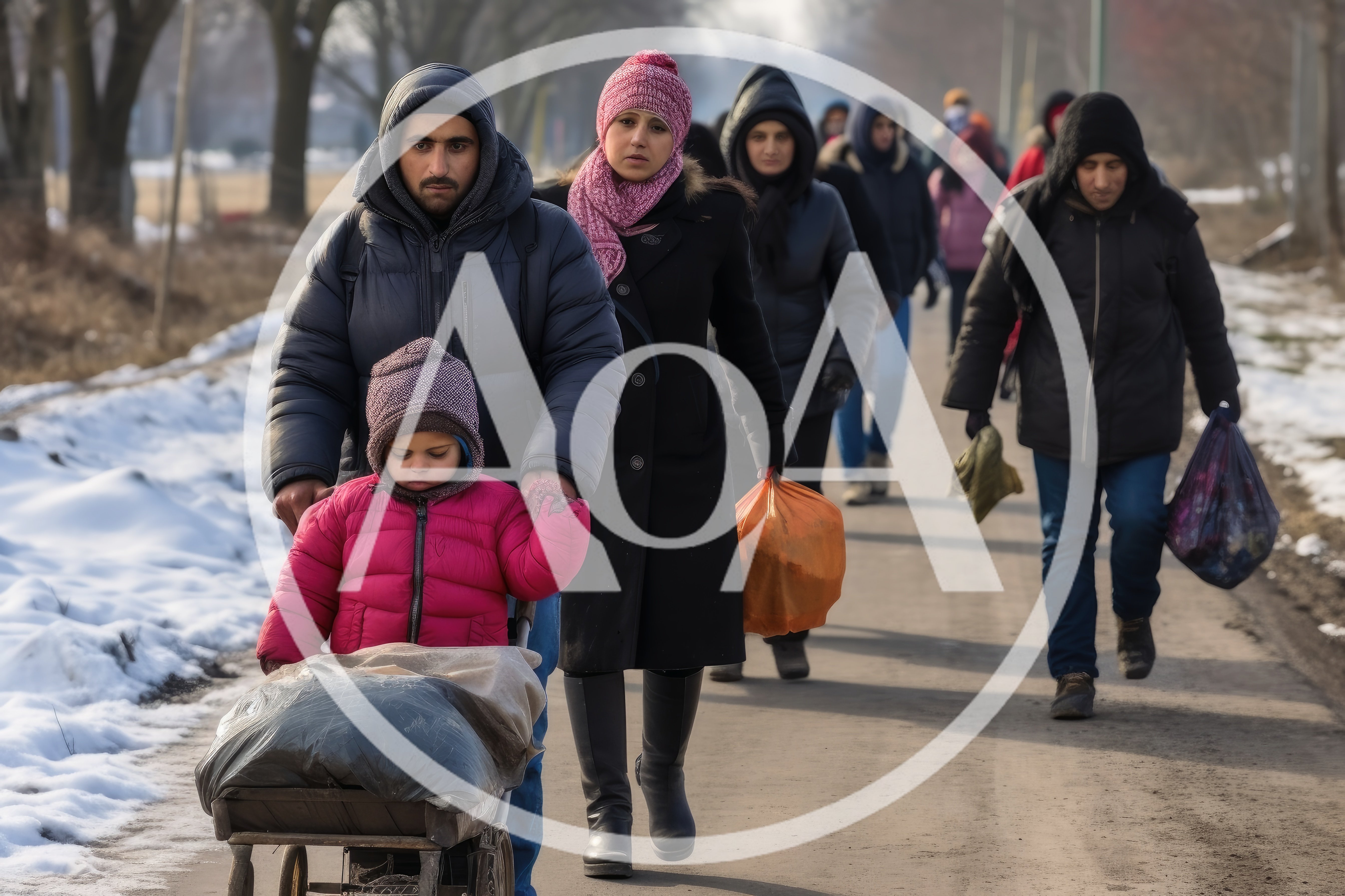 Refugee Family Walking Along A Snowy Road