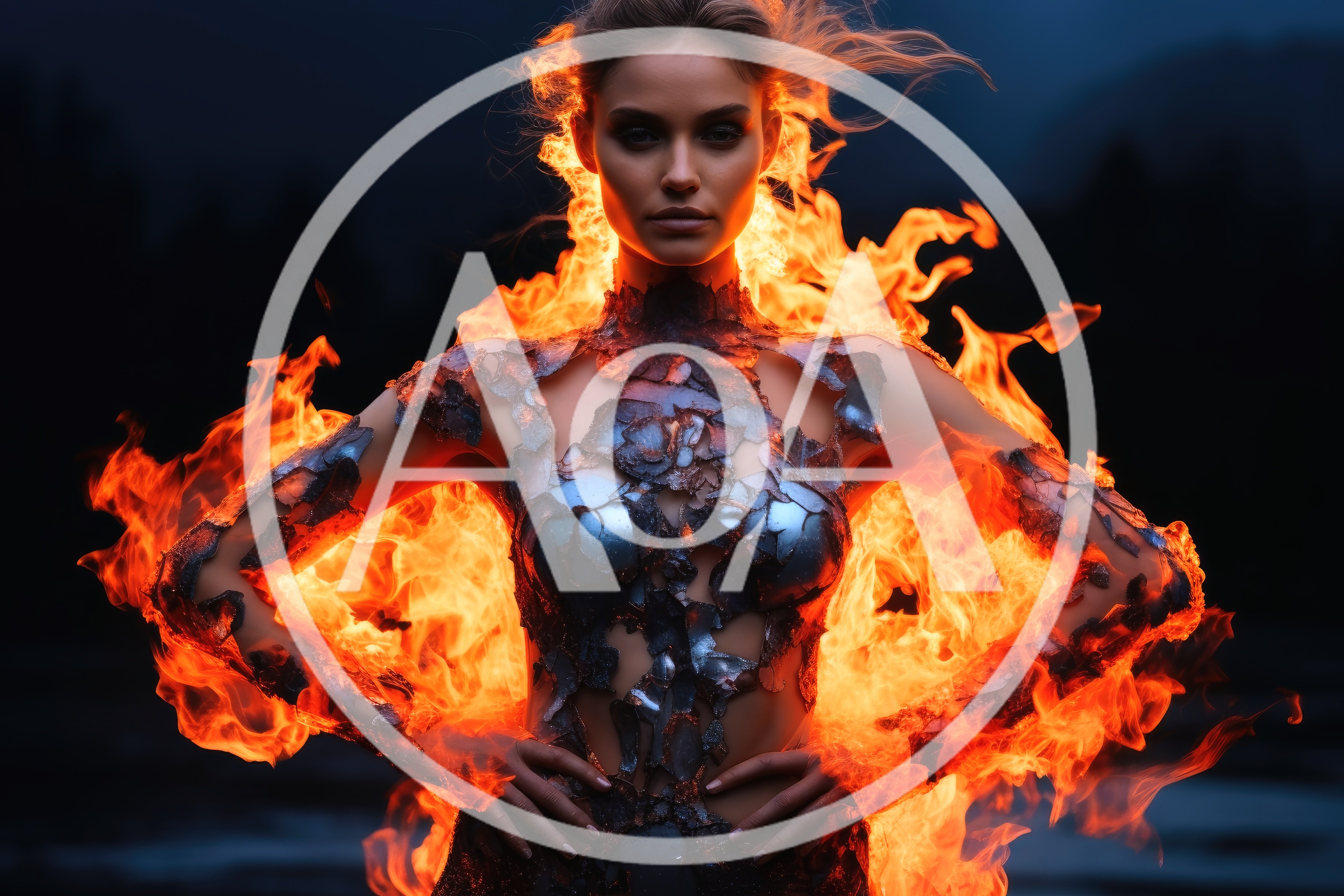 Woman Enveloped In Intense Magical Fire Flames