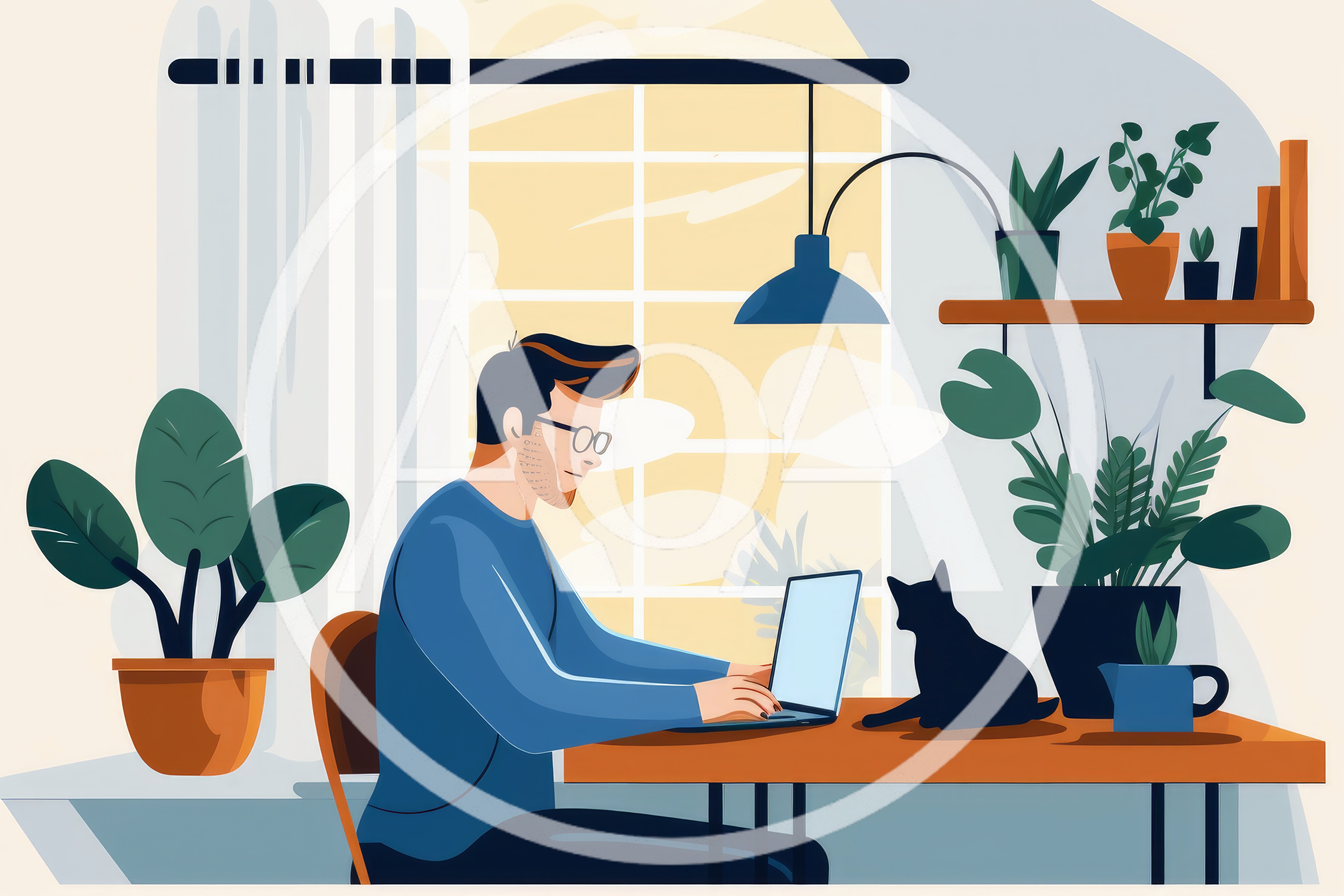Man Working On Laptop With Cat In Home Office