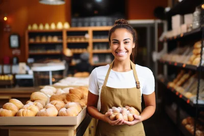 Smiling Female Baker Holding Fresh Bread In Bakery
