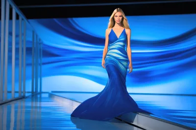 Fashion Model Walking On A Blue Runway
