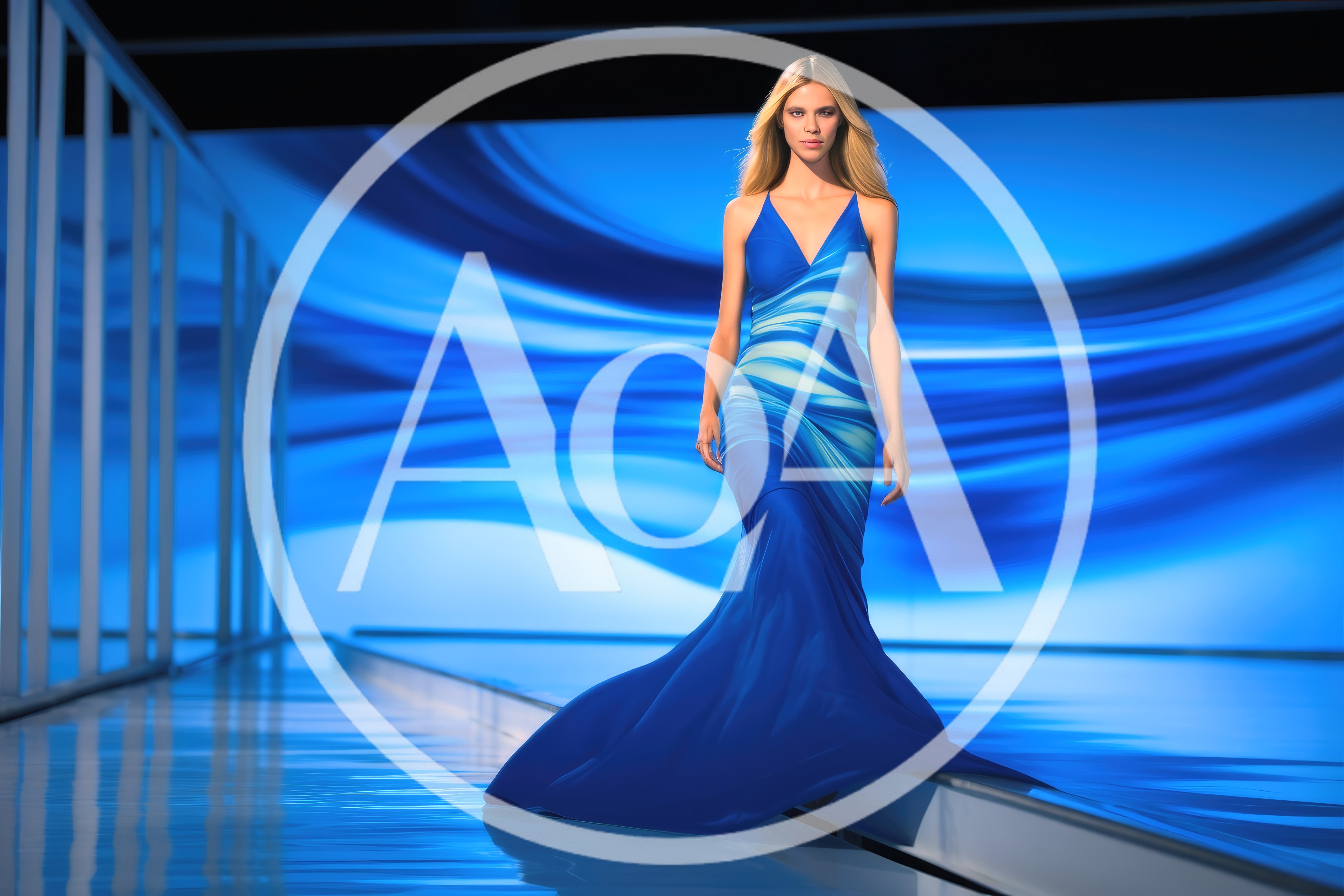 Fashion Model Walking On A Blue Runway