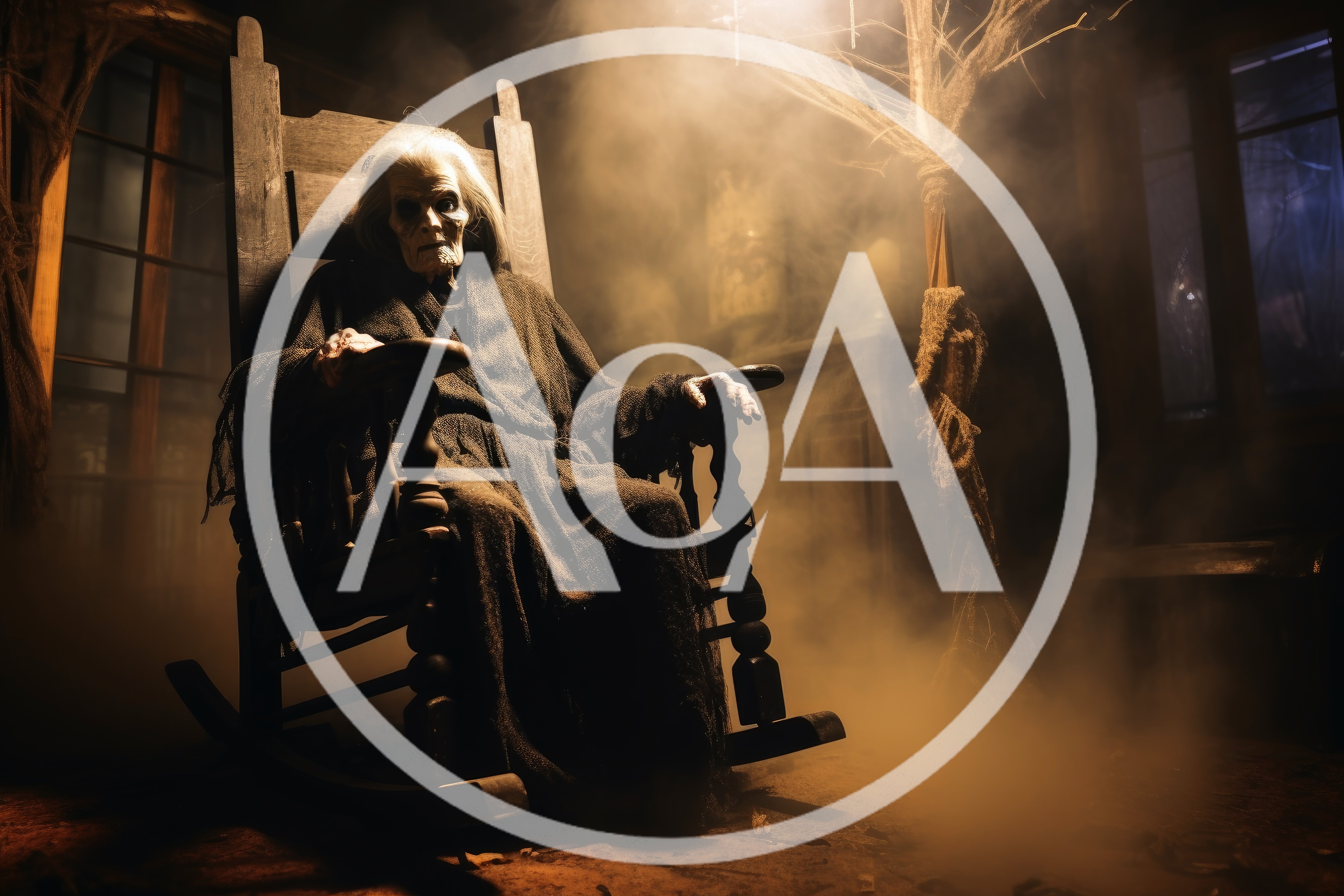 Creepy Elderly Witch Sitting In A Dark Rocking Chair