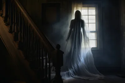 Ghostly Figure In Wedding Veil Standing By Window