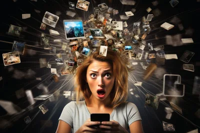 Stressed Woman Overwhelmed By Digital Information Overload