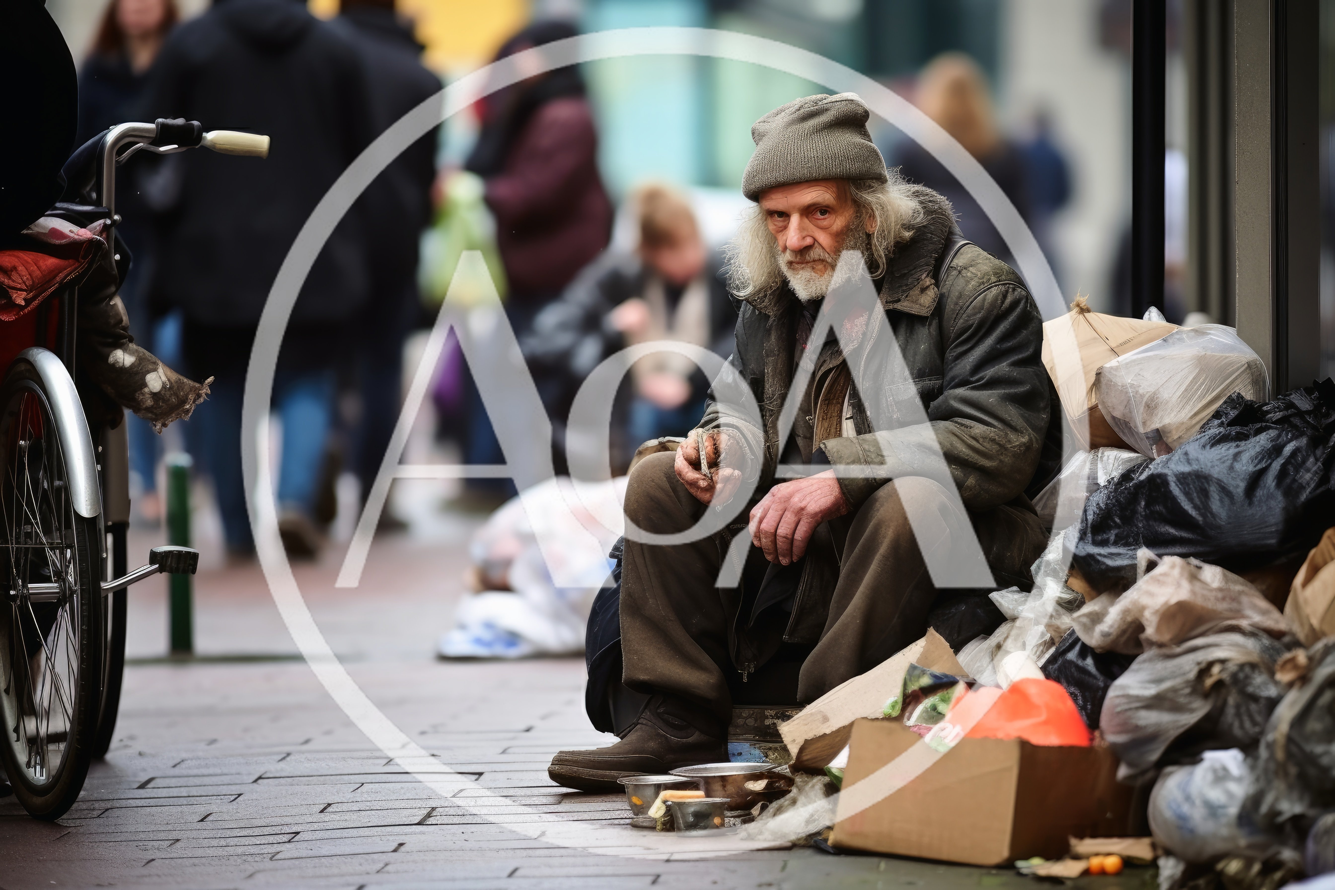 Homeless Elderly Man Sitting On City Sidewalk