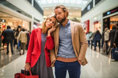 Tired Couple Standing Together in a Busy Shopping Mall