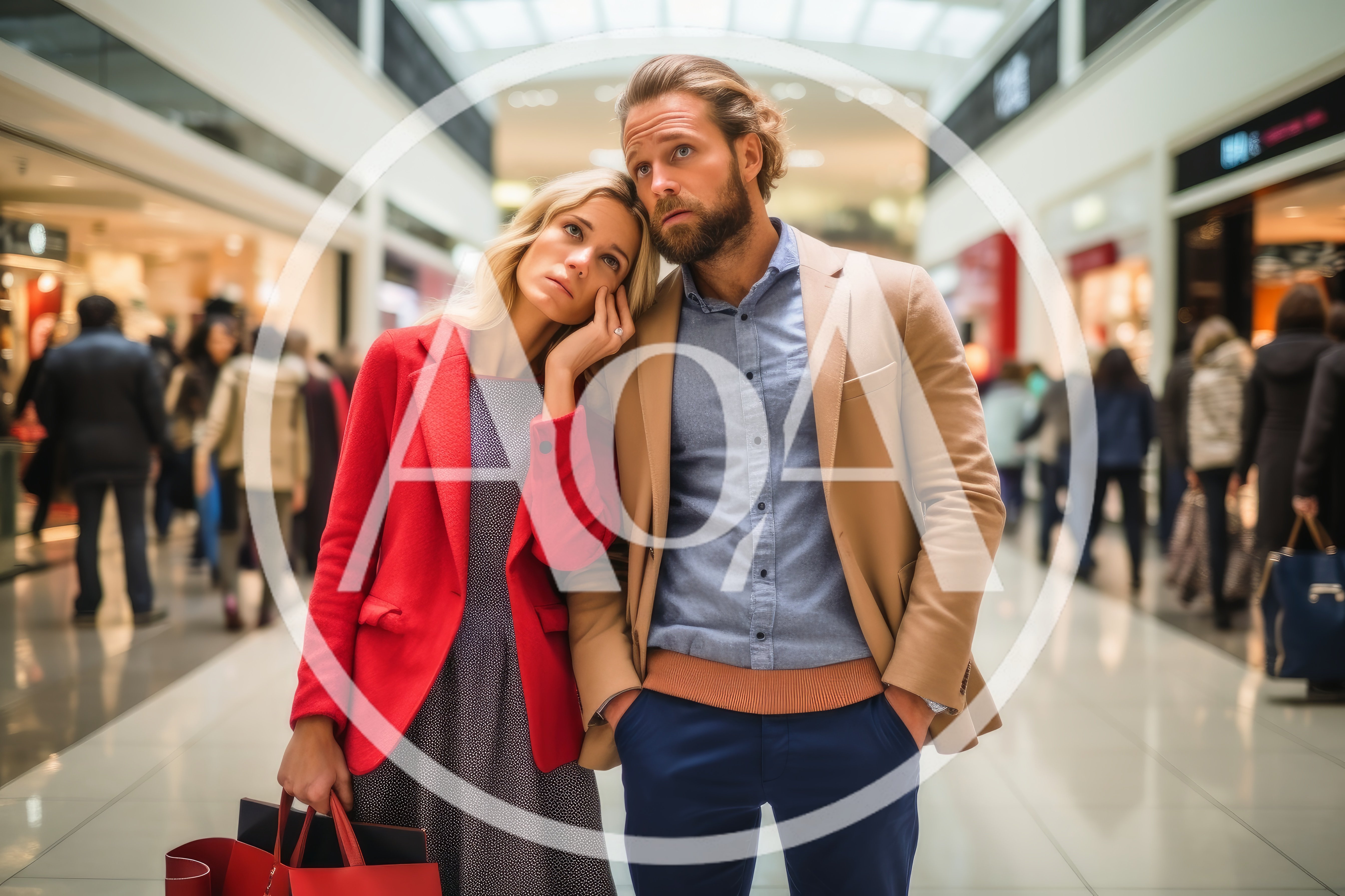 Tired Couple Standing Together in a Busy Shopping Mall