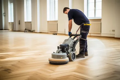Professional Worker Polishing Hardwood Floor In Large Room