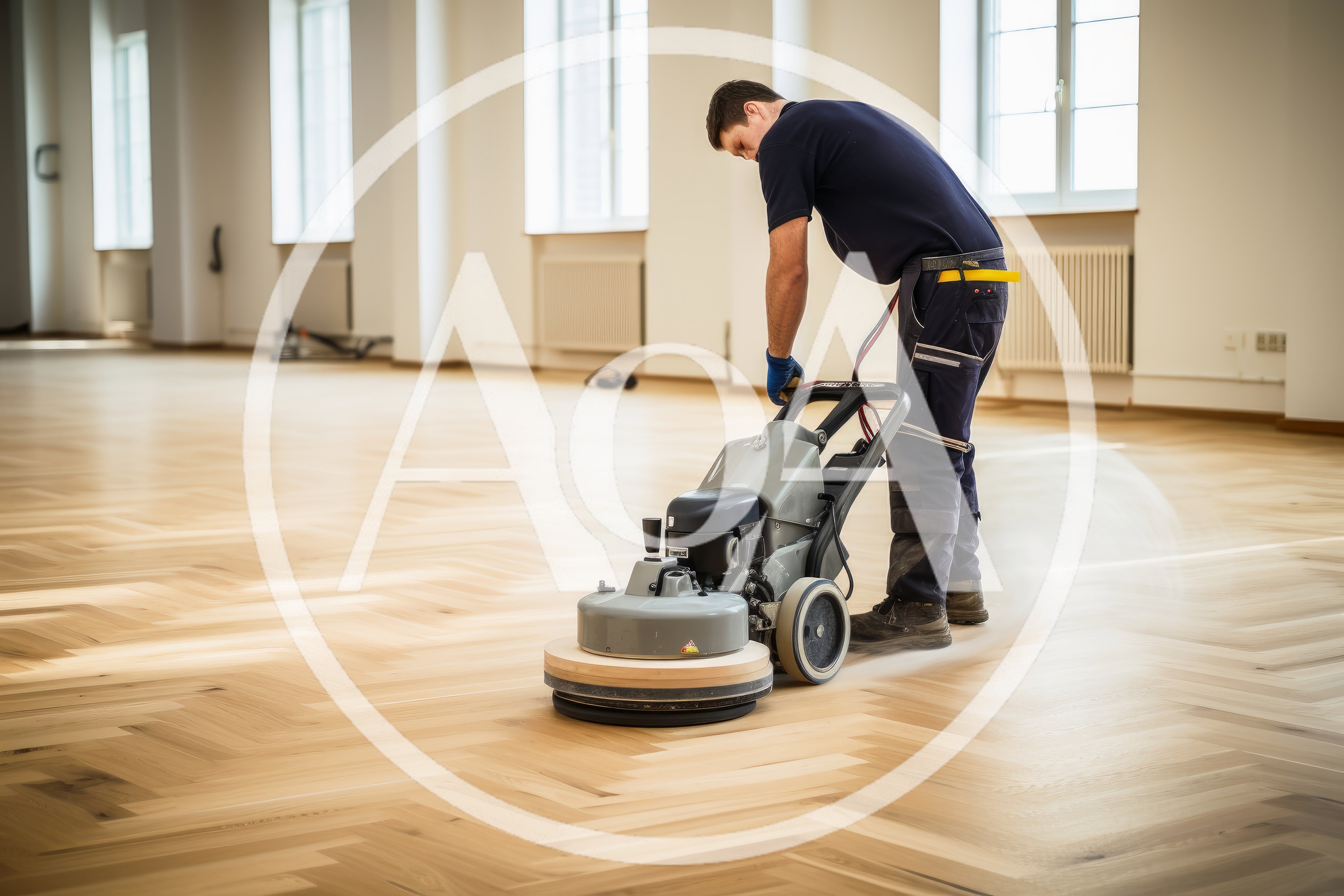 Professional Worker Polishing Hardwood Floor In Large Room