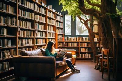 Young Woman Reading Book On Library Sofa