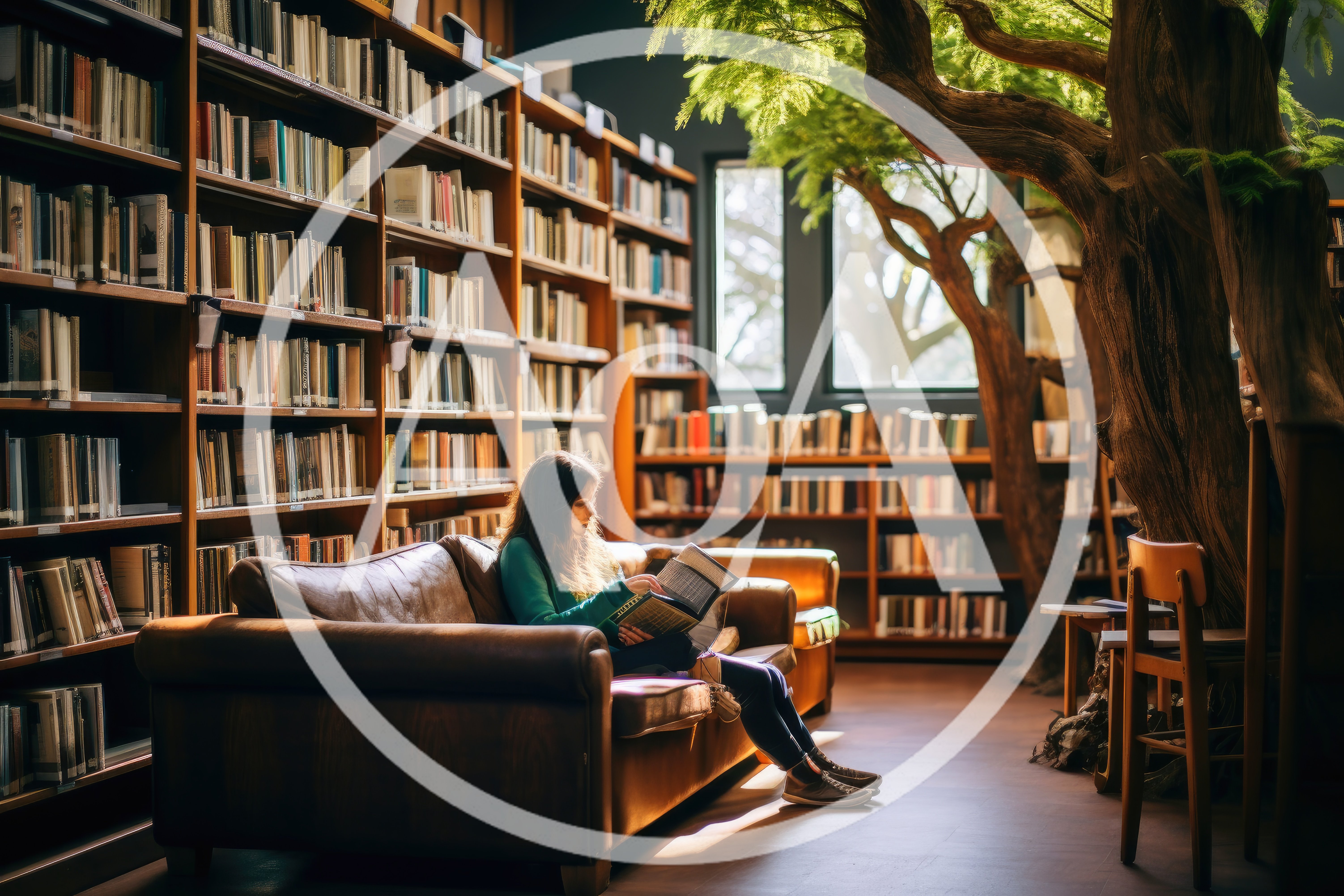 Young Woman Reading Book On Library Sofa