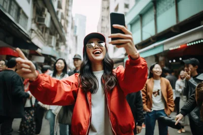 Young Woman Taking Selfie in Busy City Street